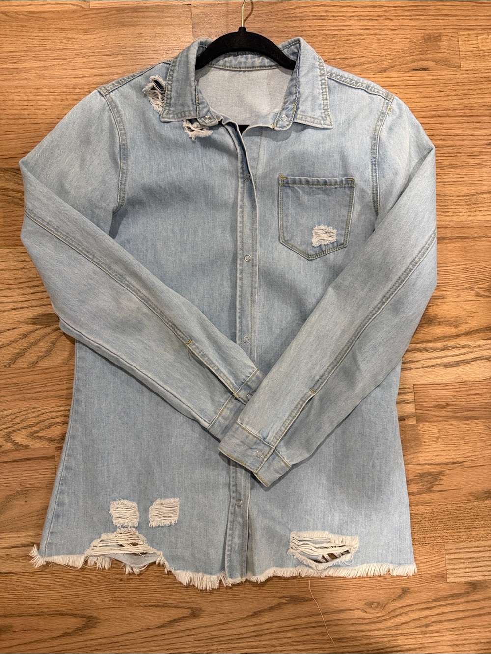 Light Blue Distressed Denim Jacket - Casual Button-Up Shirt Jacket